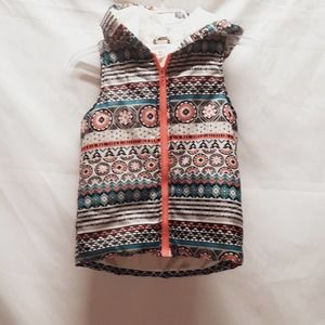 One step up Southwest peach green floral pattern zip puffer hood vest Md 10-12